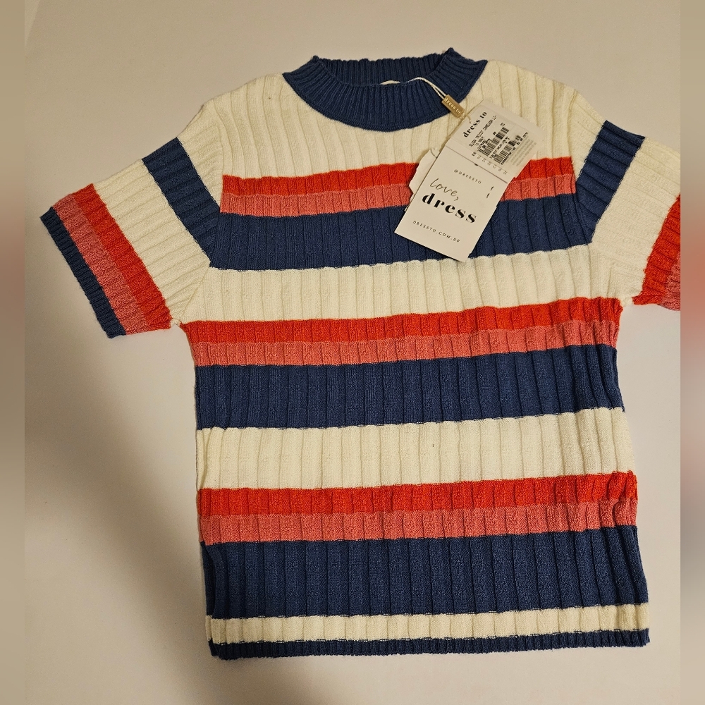 Striped Ribbed Knit Short Sleeve Sweater - Picture 2 of 5